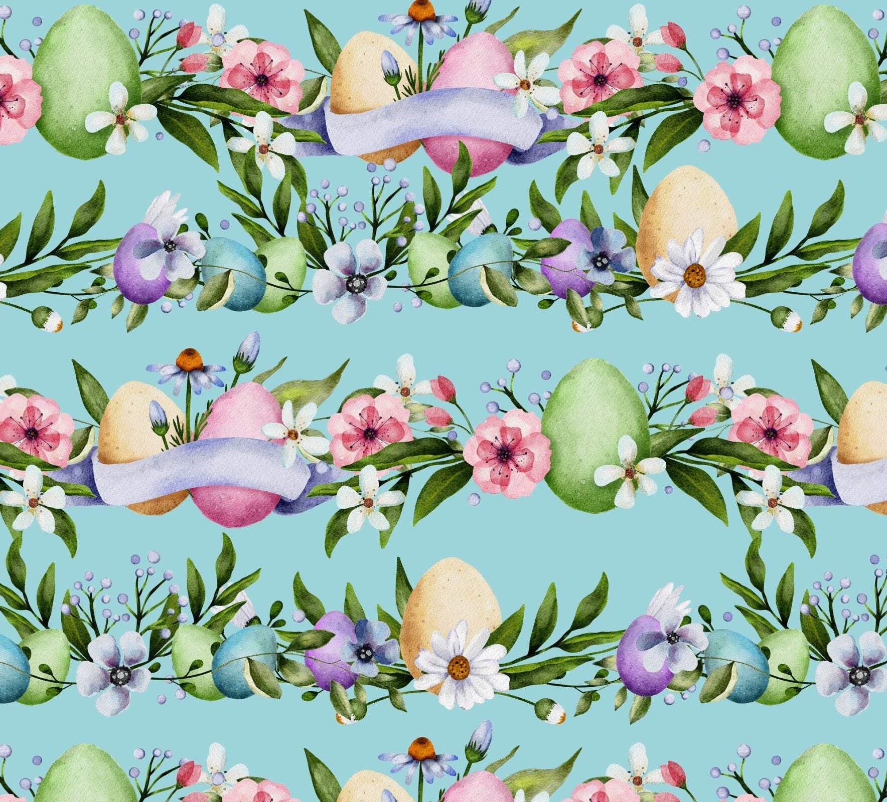 Potpourri of Novelty Easter Egg Flowers & Stripes Blue Cotton 44"/45" Fabric Per Yard