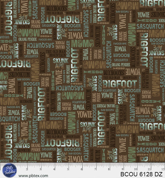 Dark Brown Words Bigfoot Country BCOU-6128-DZ Cotton 44”/45” Fabric Per Yard
