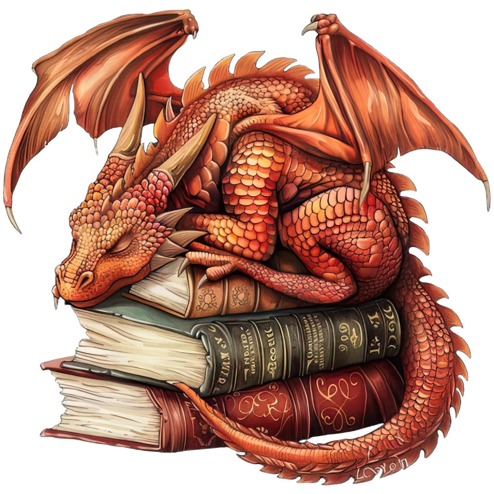 Dragon Sleeping on Books Fabric Panel 4