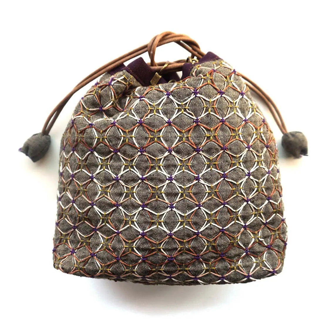 Drawstring Bag with KOKI Weaving Sashiko Hydrangea Full Kit Brown - Linda's Electric Quilters