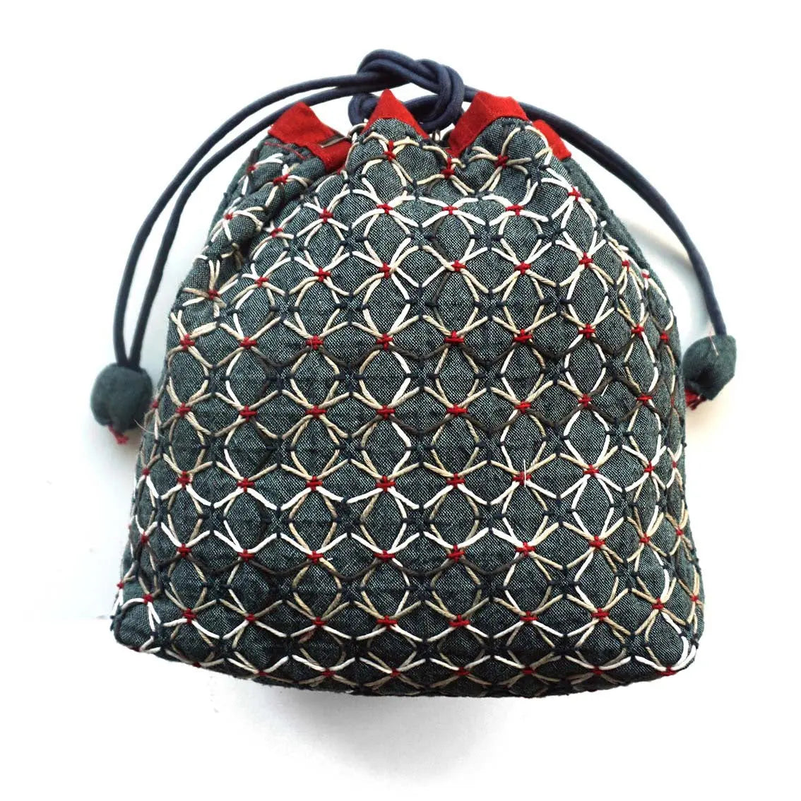 Drawstring Bag with KOKI Weaving Sashiko Hydrangea Half Kit Blue - Linda's Electric Quilters