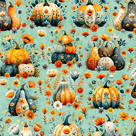 Dusty Aqua Pumpkin Patch Harvest Hollow 44"/45" Cotton Fabric per yard
