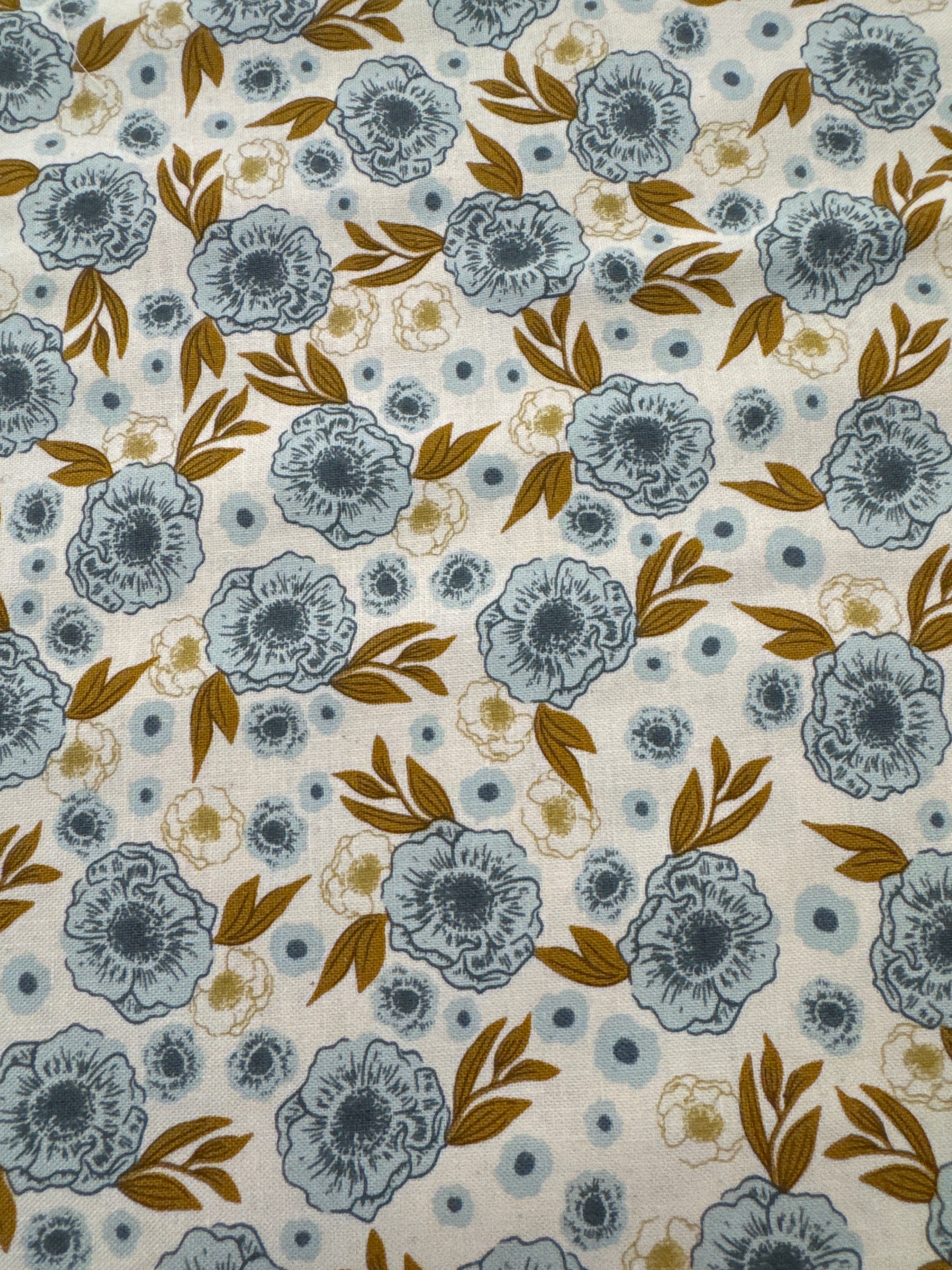Slow Stroll Blue Dahlias on White floral quilting fabric by Moda