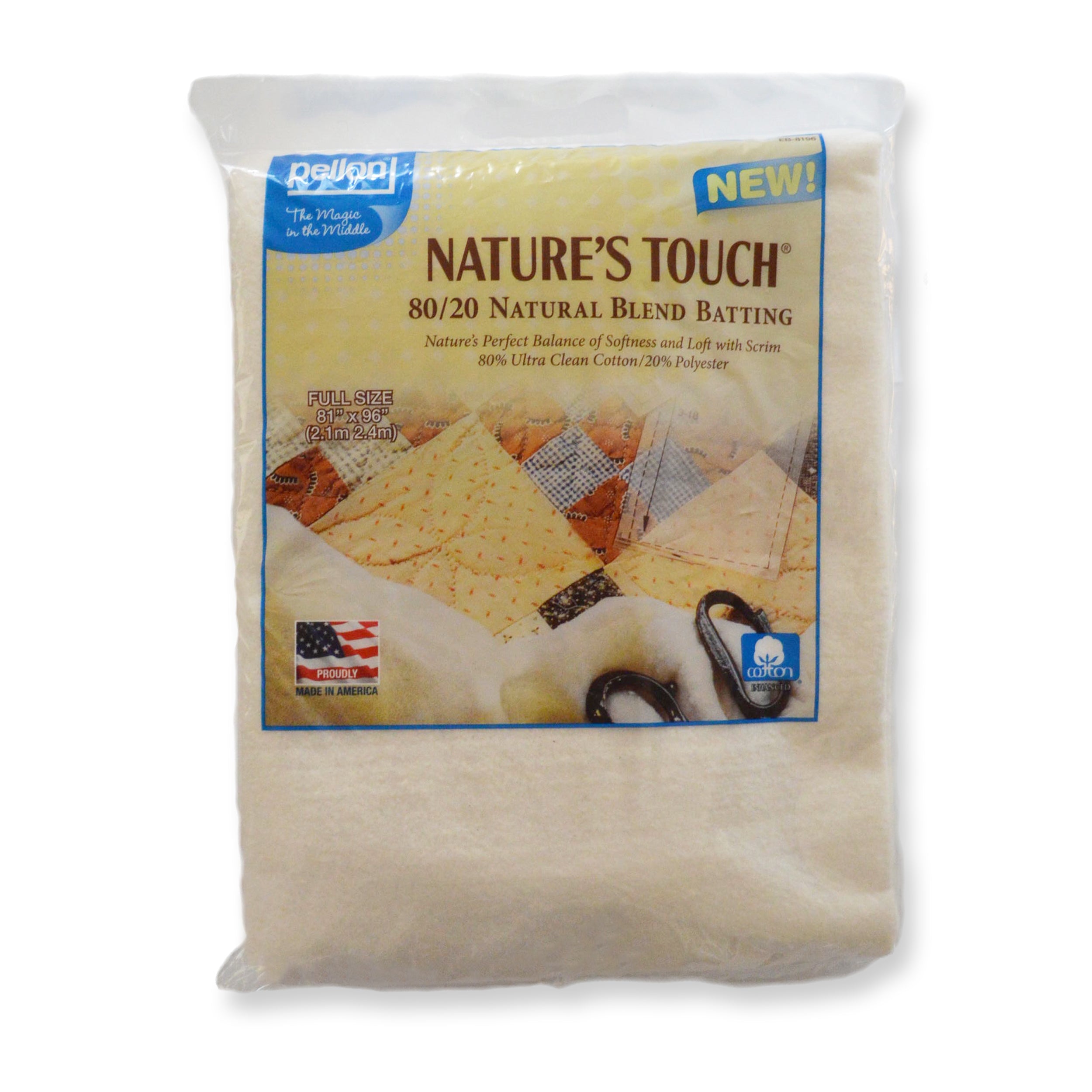 Pellon® 80/20 Cotton/Polyester Batting With Scrim 81" x 96" Full Size Package. Color: Natural.