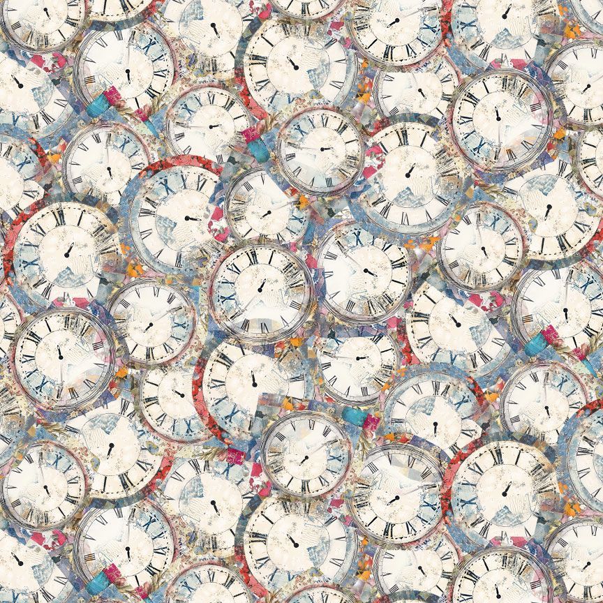 Multi Packed Vintage Clocks Looking Glass 44"/45" Fabric Per Yard