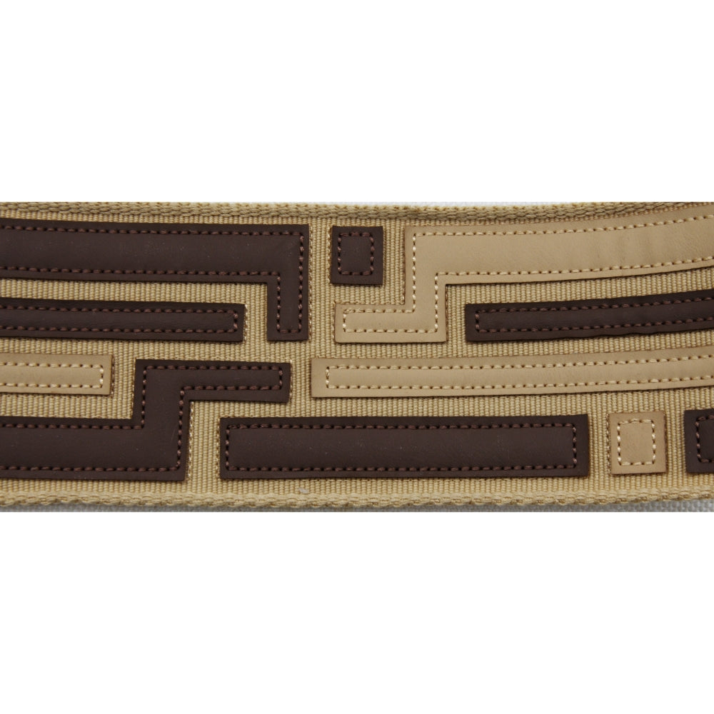 Geometric faux leather trim in tan and brown with maze-like stitched pattern on woven backing, 3 in.