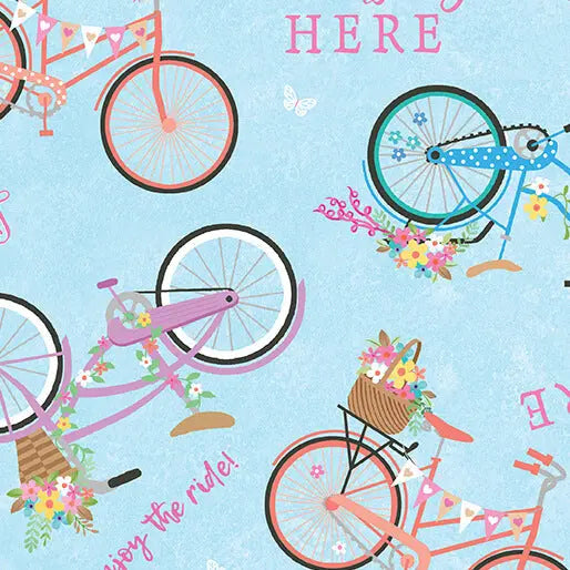 Enjoy the Ride - Springtime Bicycles - Light Blue 44" / 45" Fabric Per Yard The Fabric Company