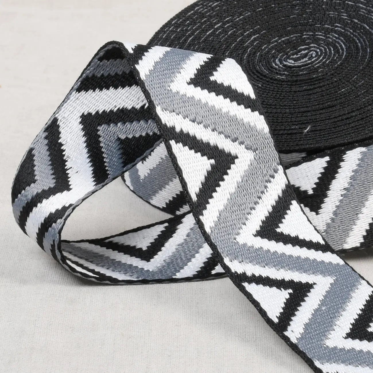 Ethnic Webbing 38mm Black White Grey - Linda's Electric Quilters