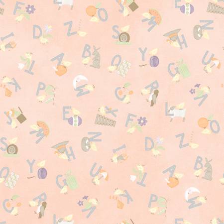 Maywood Studio alphabet tossed cotton flannel fabric in Peach