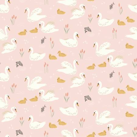 Riley Blake Little Swan Blush flannel quilting fabric — swans on blush pink