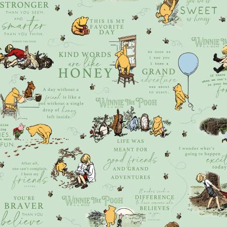 Winnie The Pooh Flannel Quotes Green by Riley Blake