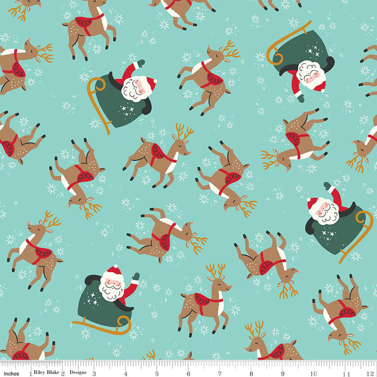 The North Pole Reindeer Toss Aqua quilting fabric by Riley Blake