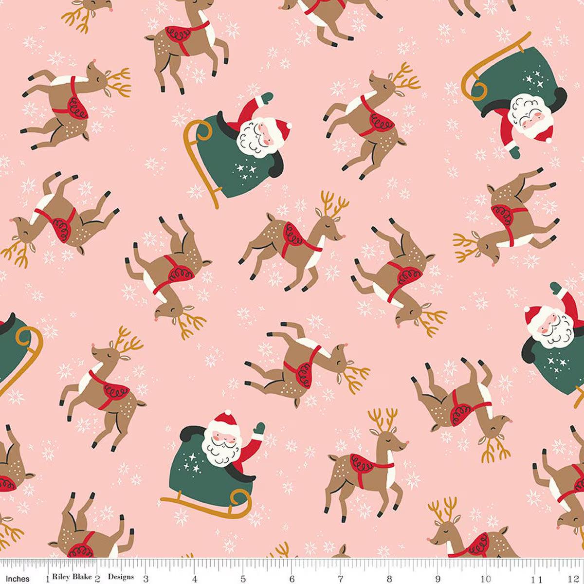 The North Pole Reindeer Toss Blush quilting fabric by Riley Blake