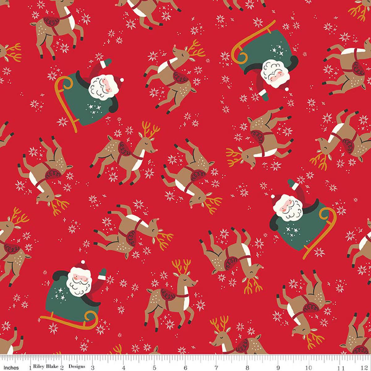 The North Pole Reindeer Toss Tomato quilting fabric by Riley Blake