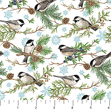 Northcott Chickadees Multi White flannel quilting fabric — chickadees on white