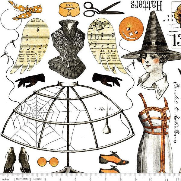 Queen of Ween Collage White Halloween quilting fabric by Riley Blake