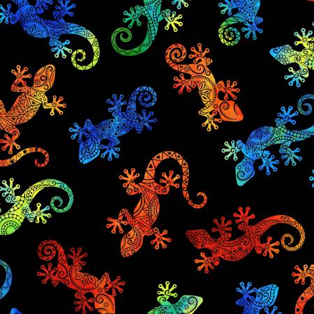 Maywood Studio Belle and Blue geckos novelty quilting cotton fabric in Black