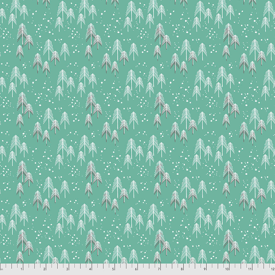 FreeSpirit Snowy Day flannel trees winter fabric in Aqua