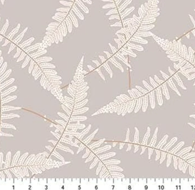 FIGO Fabrics The Botanist Ferns Gray quilting fabric — graceful fern fronds in soft gray