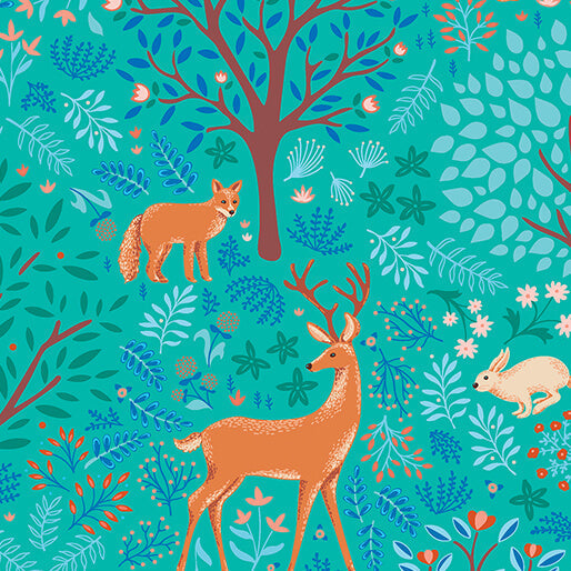 Flora & Fauna: Midnight - Feature - Turquoise 44" / 45" Fabric Per Yard