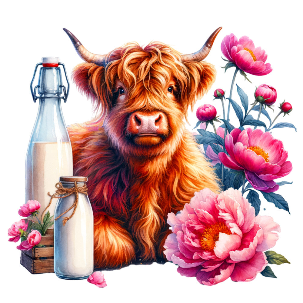 Floral Highland Cow Fabric Panel 1