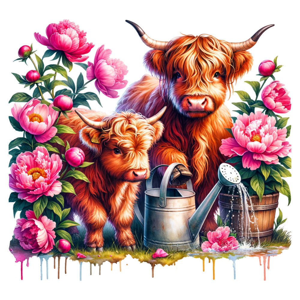 Floral Highland Cow Fabric Panel 10