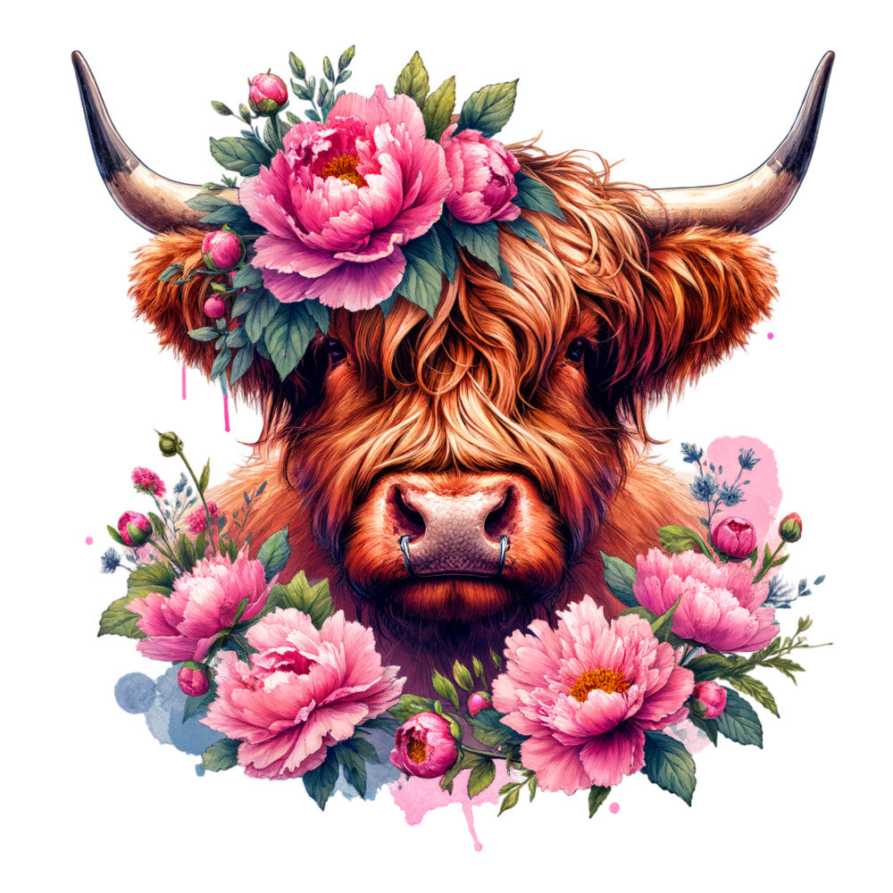 Floral Highland Cow Fabric Panel 11