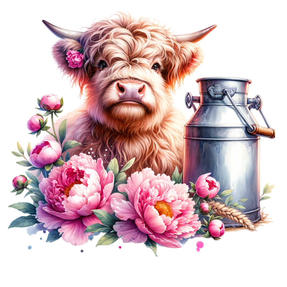 Floral Highland Cow Fabric Panel 12
