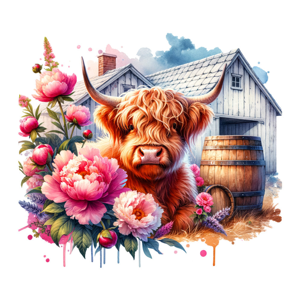 Floral Highland Cow Fabric Panel 2