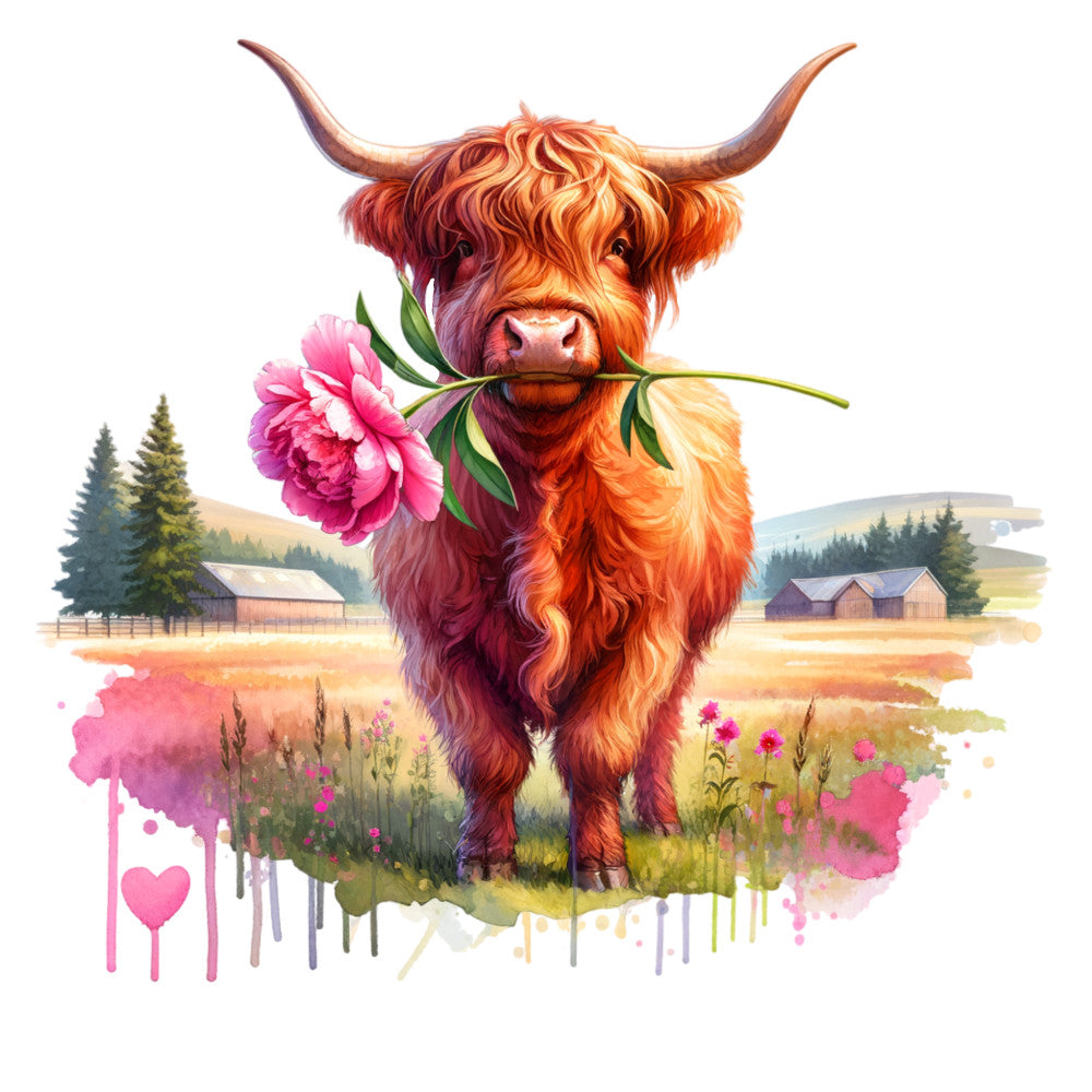 Floral Highland Cow Fabric Panel 3