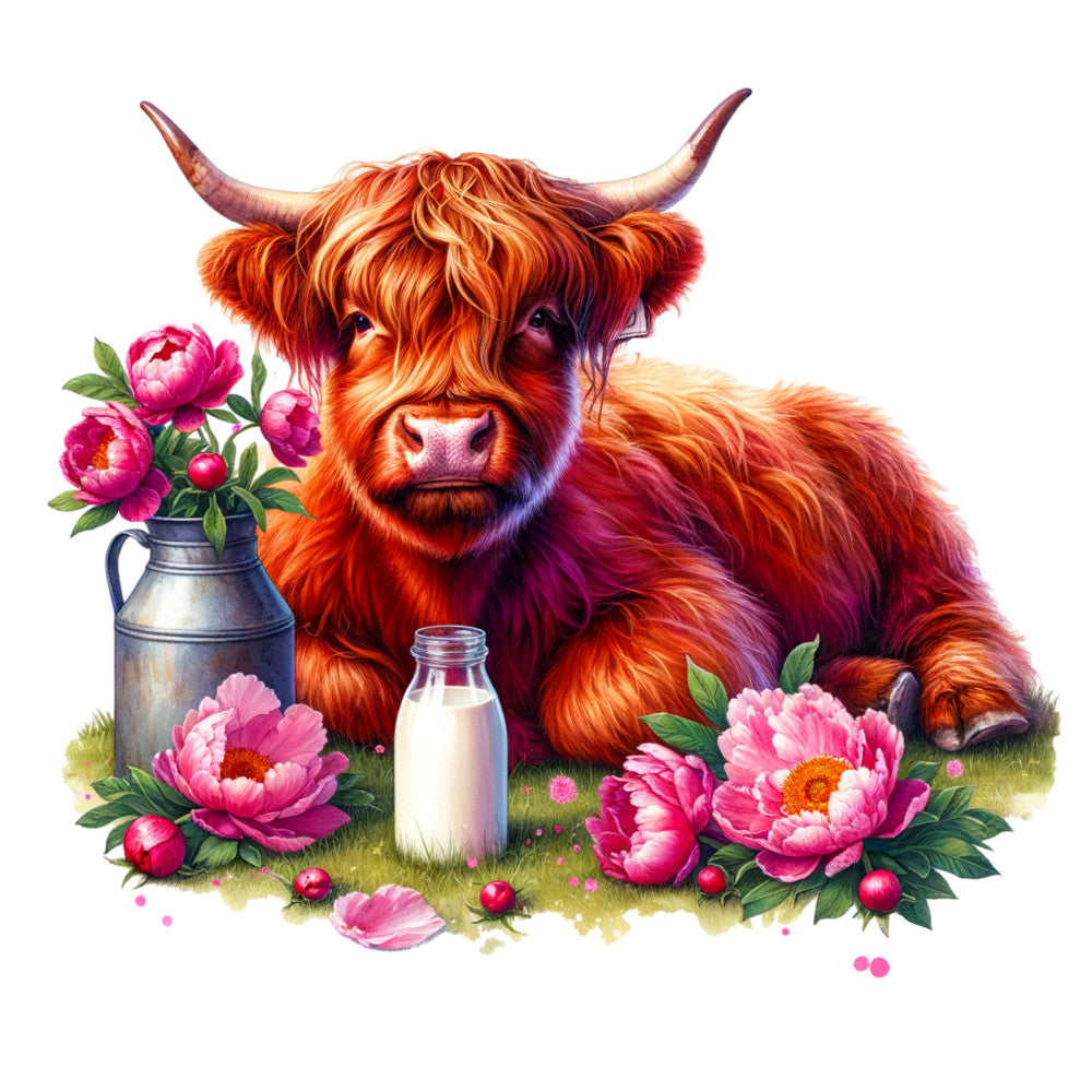 Floral Highland Cow Fabric Panel 4