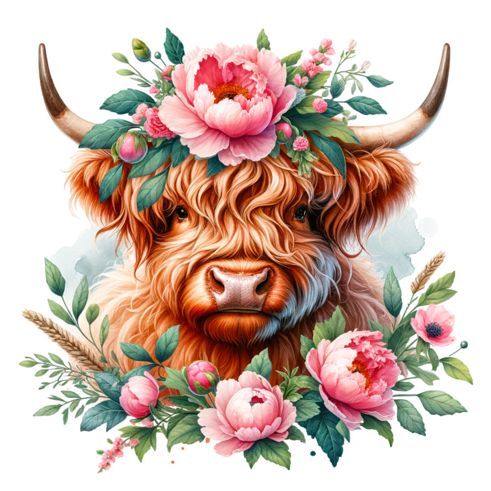 Floral Highland Cow Fabric Panel 5
