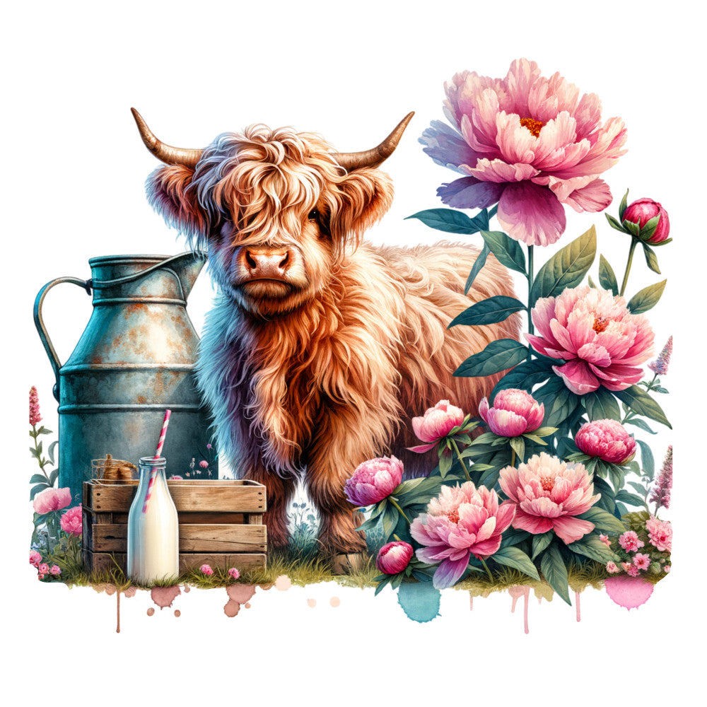 Floral Highland Cow Fabric Panel 6