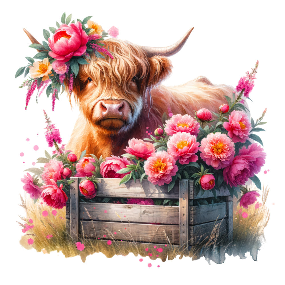 Floral Highland Cow Fabric Panel 7