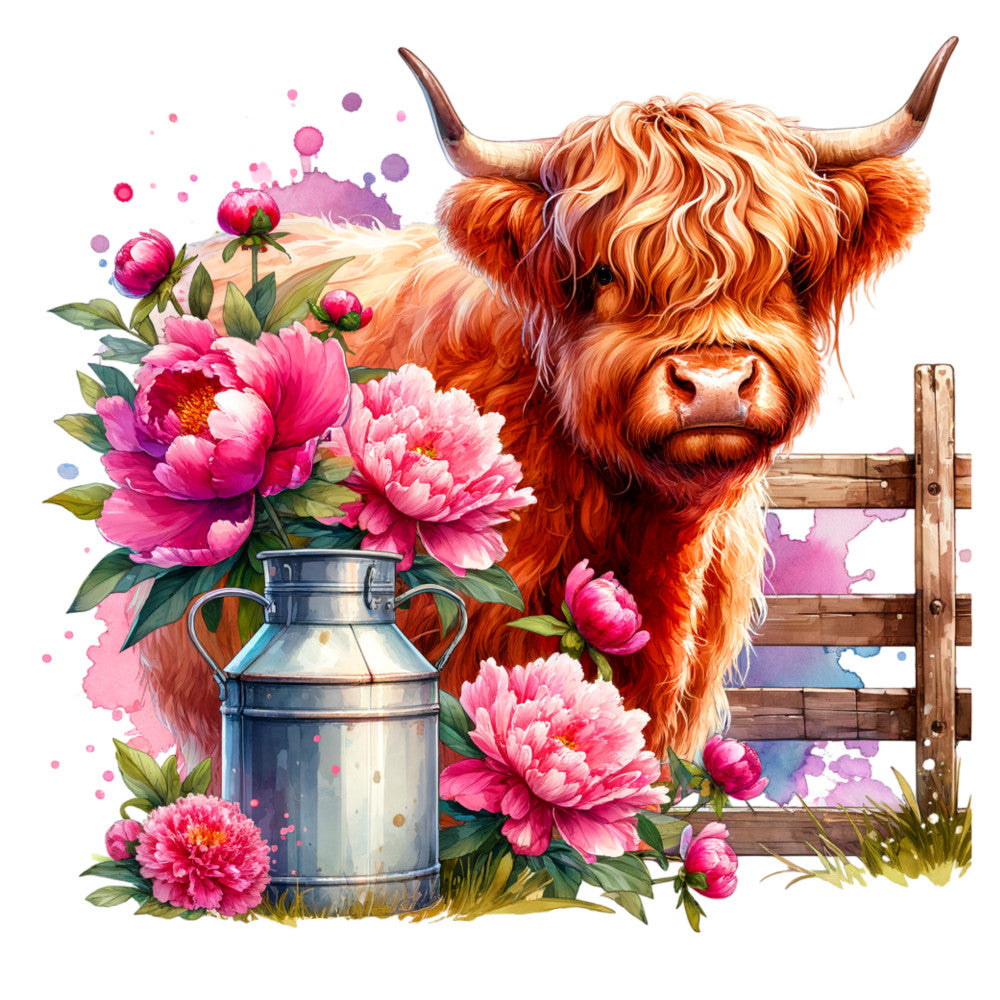Floral Highland Cow Fabric Panel 9