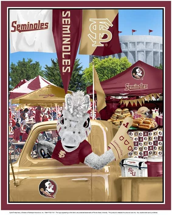 Florida State Seminoles Tailgate Panel licensed collegiate fabric panel by Sykel Enterprises, garnet and gold team print, 43 x 36 inches