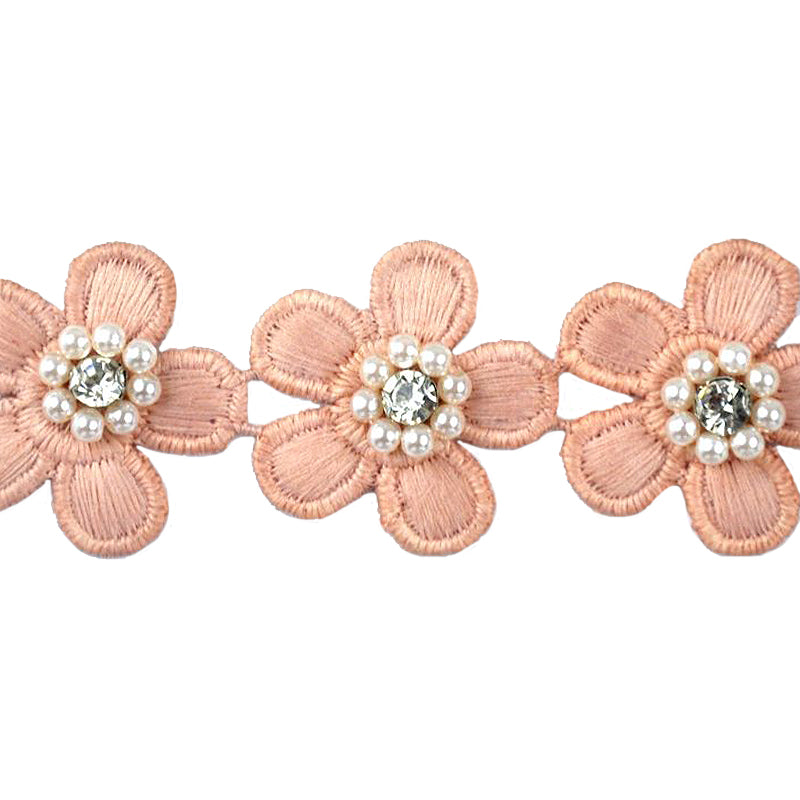 Flower Trim with Pearl Rhinestone - 1 1/2" Width (15 Yard Roll) - BFT-1200-20 Pink