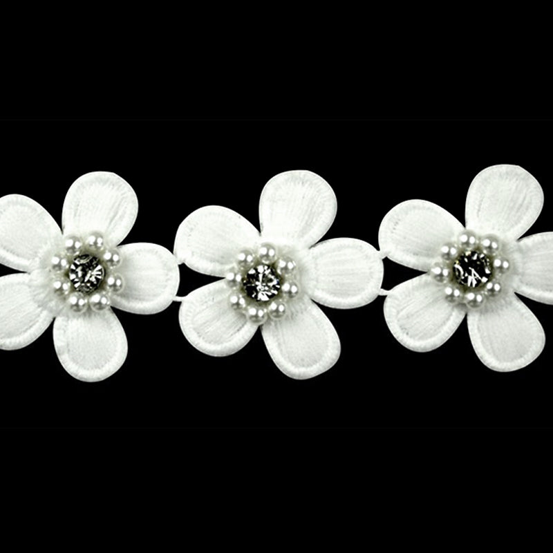 Flower Trim with Pearls & Rhinestone Embellishments, 1.5-inch X 5 Yards - For Sewing & DIY Crafts