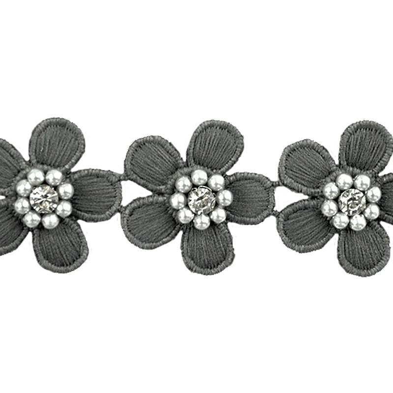 Flower Trim with Pearls & Rhinestone Embellishments, 1.5-inch X 5 Yards - For Sewing & DIY Crafts