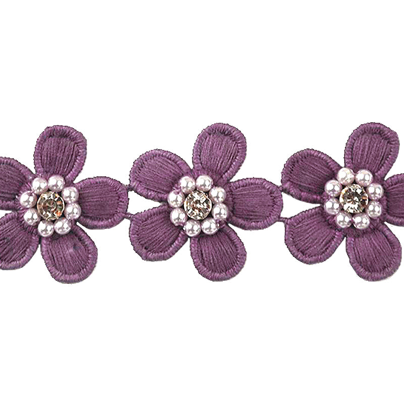 Flower Trim with Pearls & Rhinestone Embellishments, 1.5-inch X 5 Yards - For Sewing & DIY Crafts