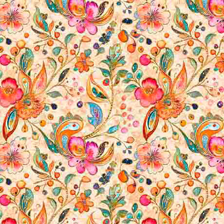 Fluttering Gardens Butterfly Floral Paisley Sangria Cotton 44"/45" Fabric Per Yard