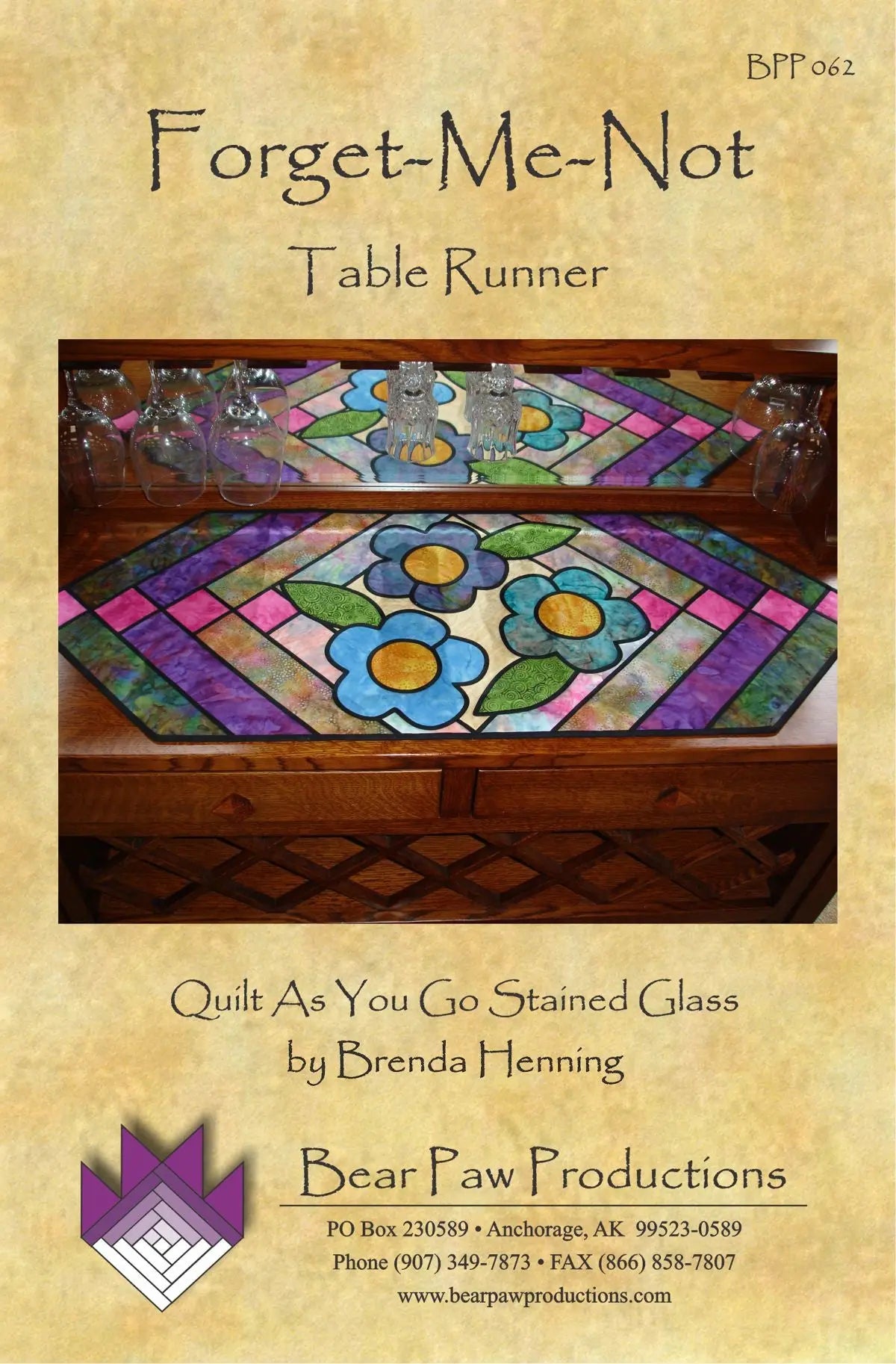 Forget-Me-Not Table Runner in Stained Glass - Linda's Electric Quilters