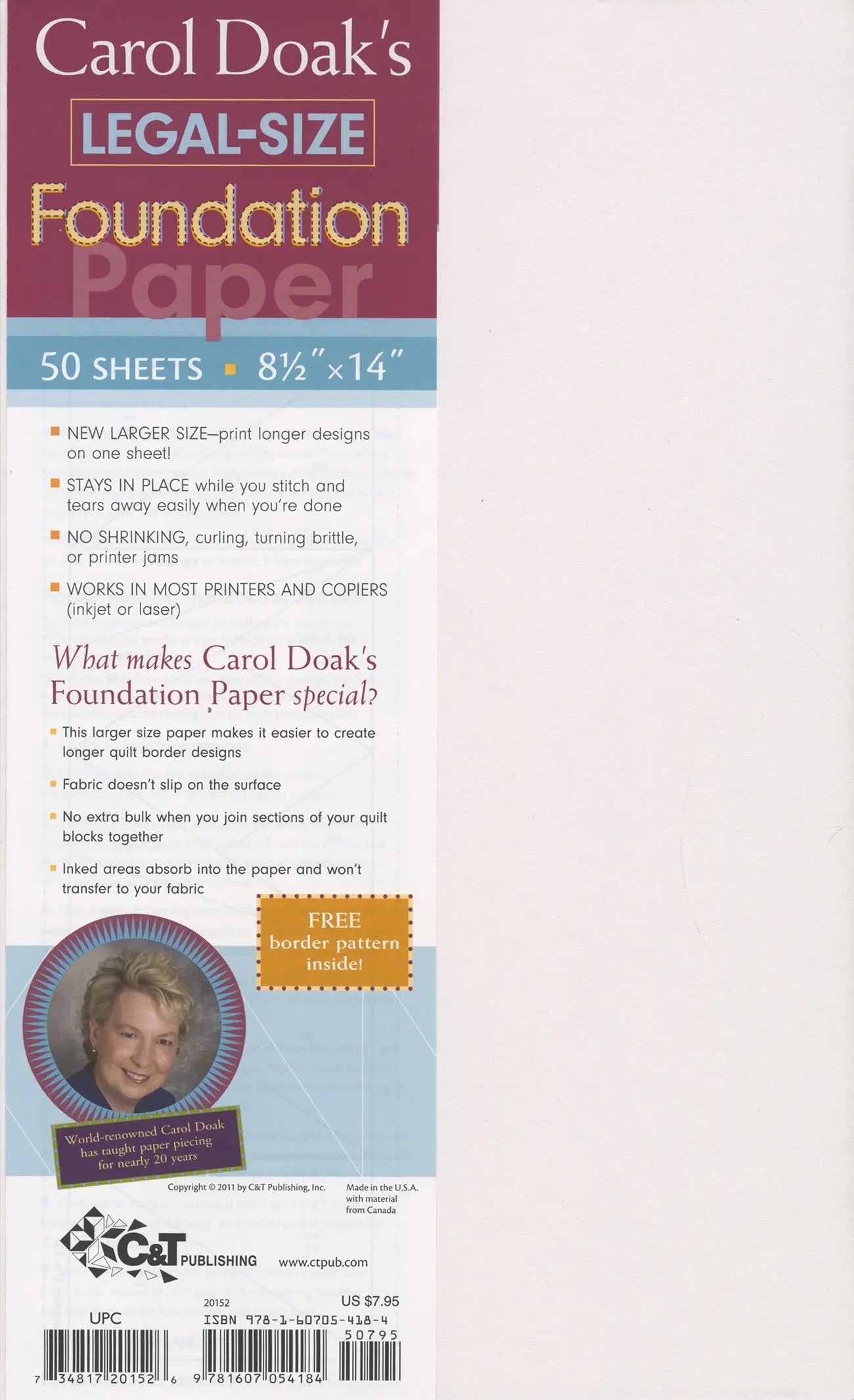 Foundation Paper Carol Doak 8-1/2in x 14in - 50Sheets - Linda's Electric Quilters