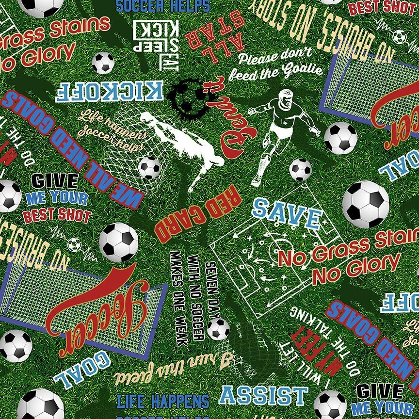 Green Soccer Words on Grass Fitness Fanatic 44"/45" Fabric Per Yard