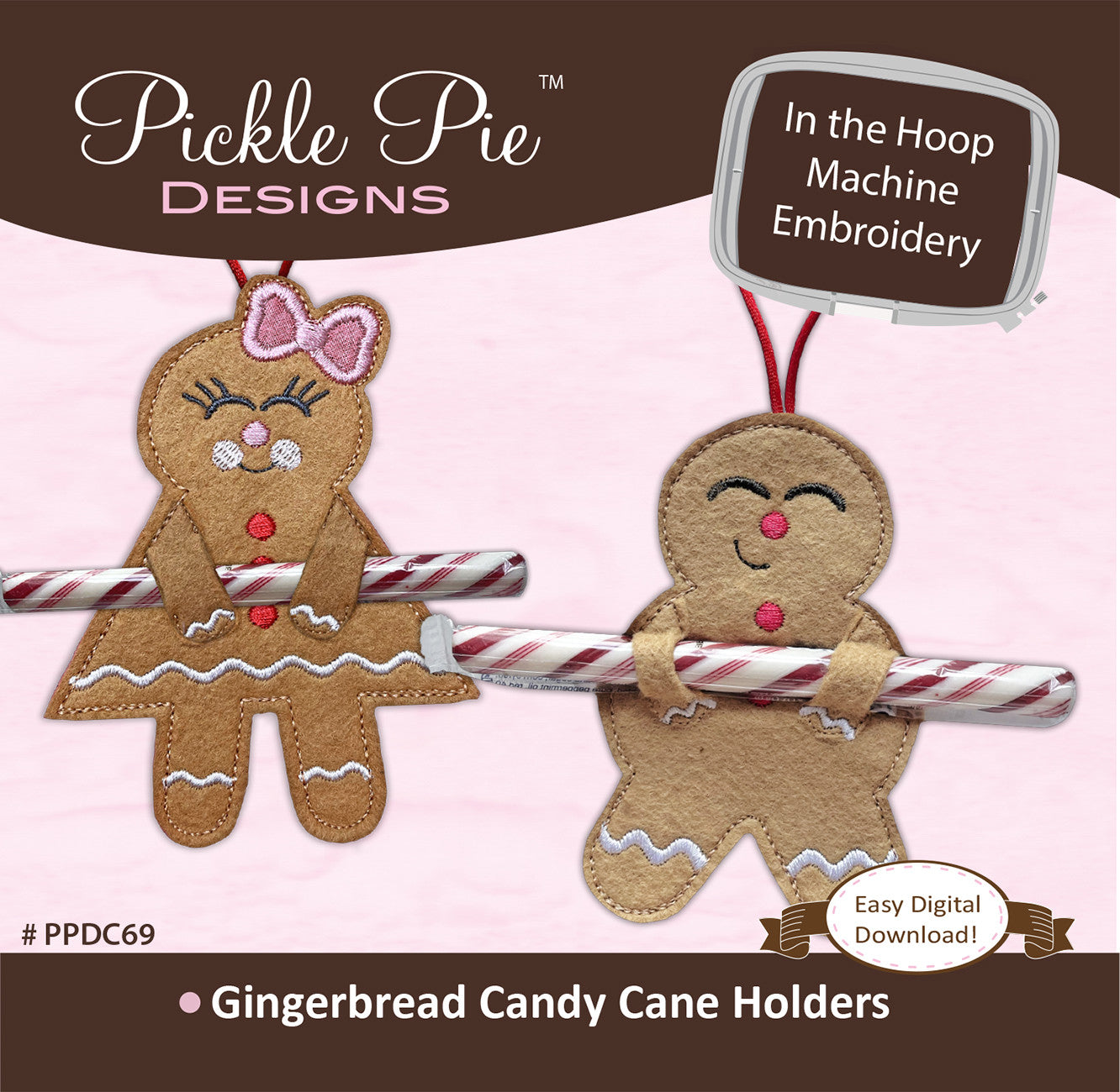 Gingerbread Candy Cane Holder In the Hoop Machine Embroidery Design Set