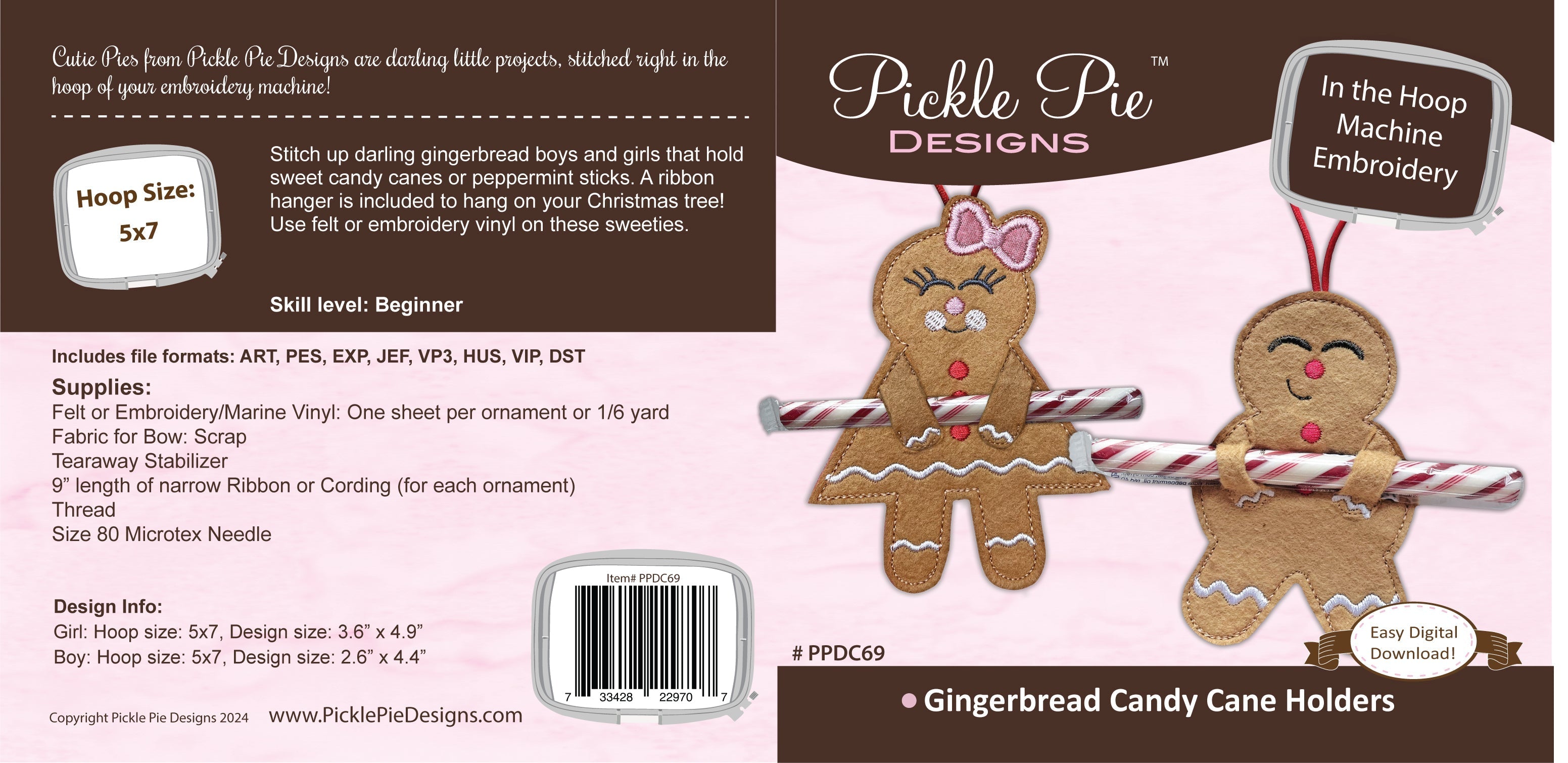 Gingerbread Candy Cane Holders In the Hoop Machine Embroidery Design
