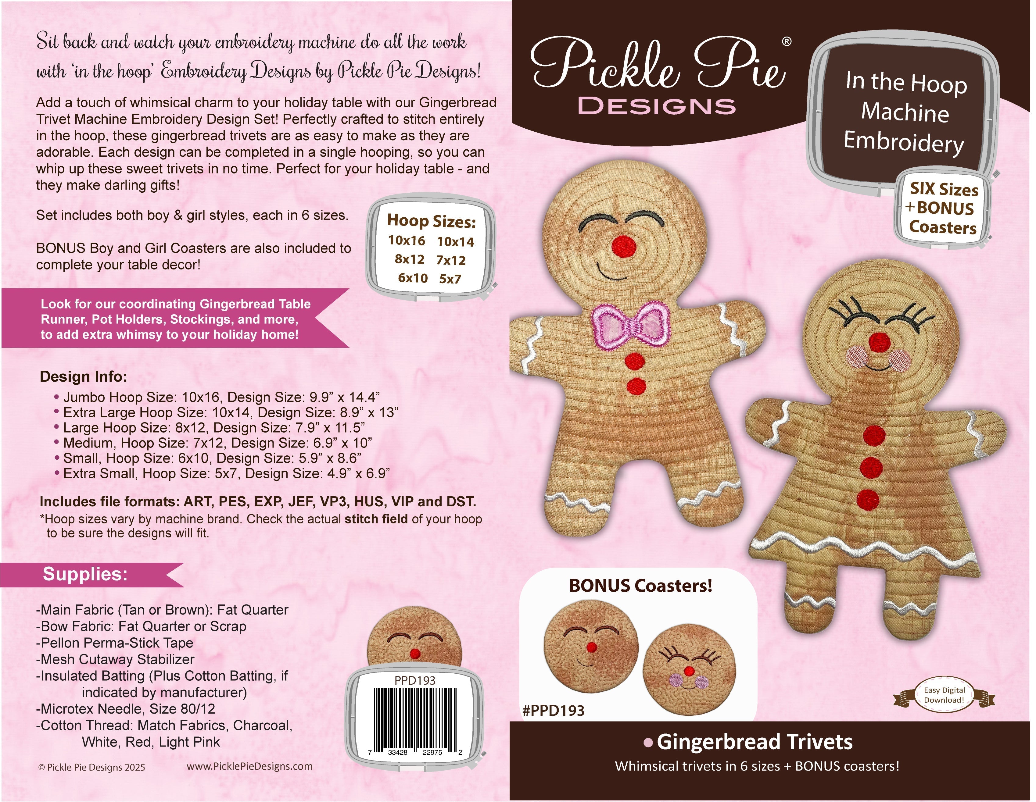 Gingerbread Trivets & BONUS Coasters In the Hoop Machine Embroidery Design Set