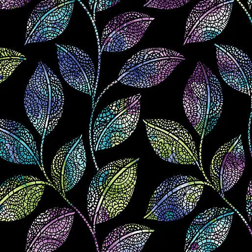 Go with the Flow Mosaic Leaves Black/Multi Cotton 44"/45" Fabric Per Yard Benartex Inc