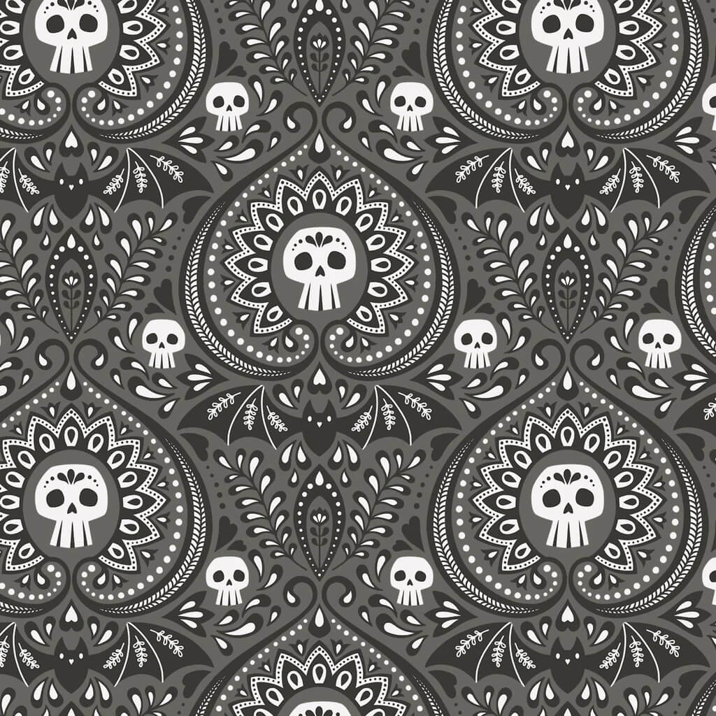 Gothic Whimsy Gothic Paisley organic cotton quilting fabric by Anequ Studio for Cloud9 Fabrics, dark paisley print, sold by the yard