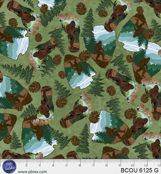 Green Bigfoot Scenic Bigfoot Country BCOU-6125-G Cotton 44”/45” Fabric Per Yard